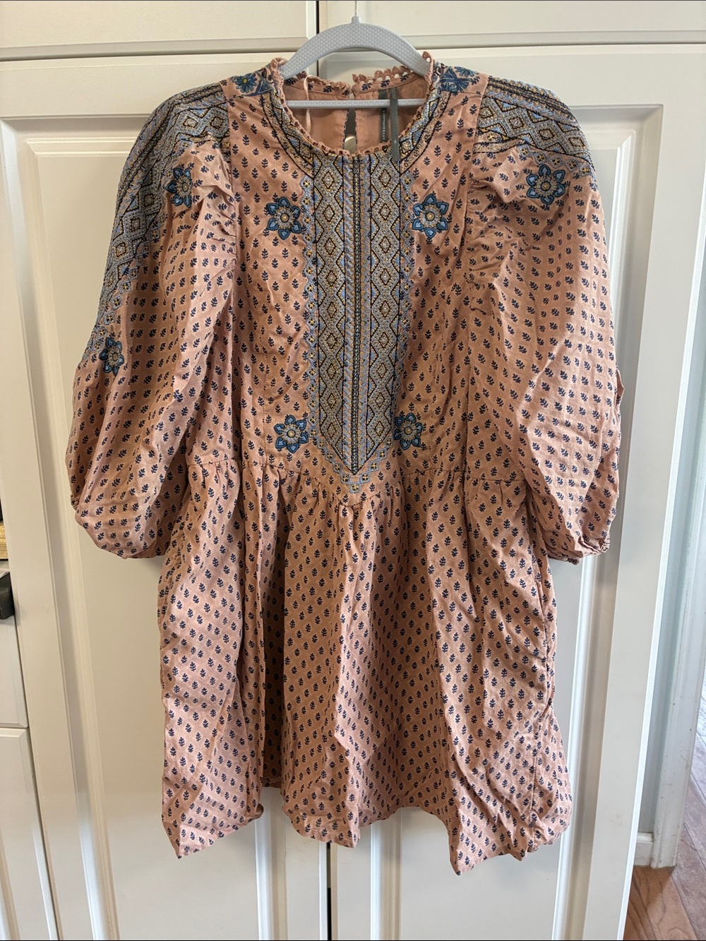 Anthropologie embroidered mini dress peach and blue size XS